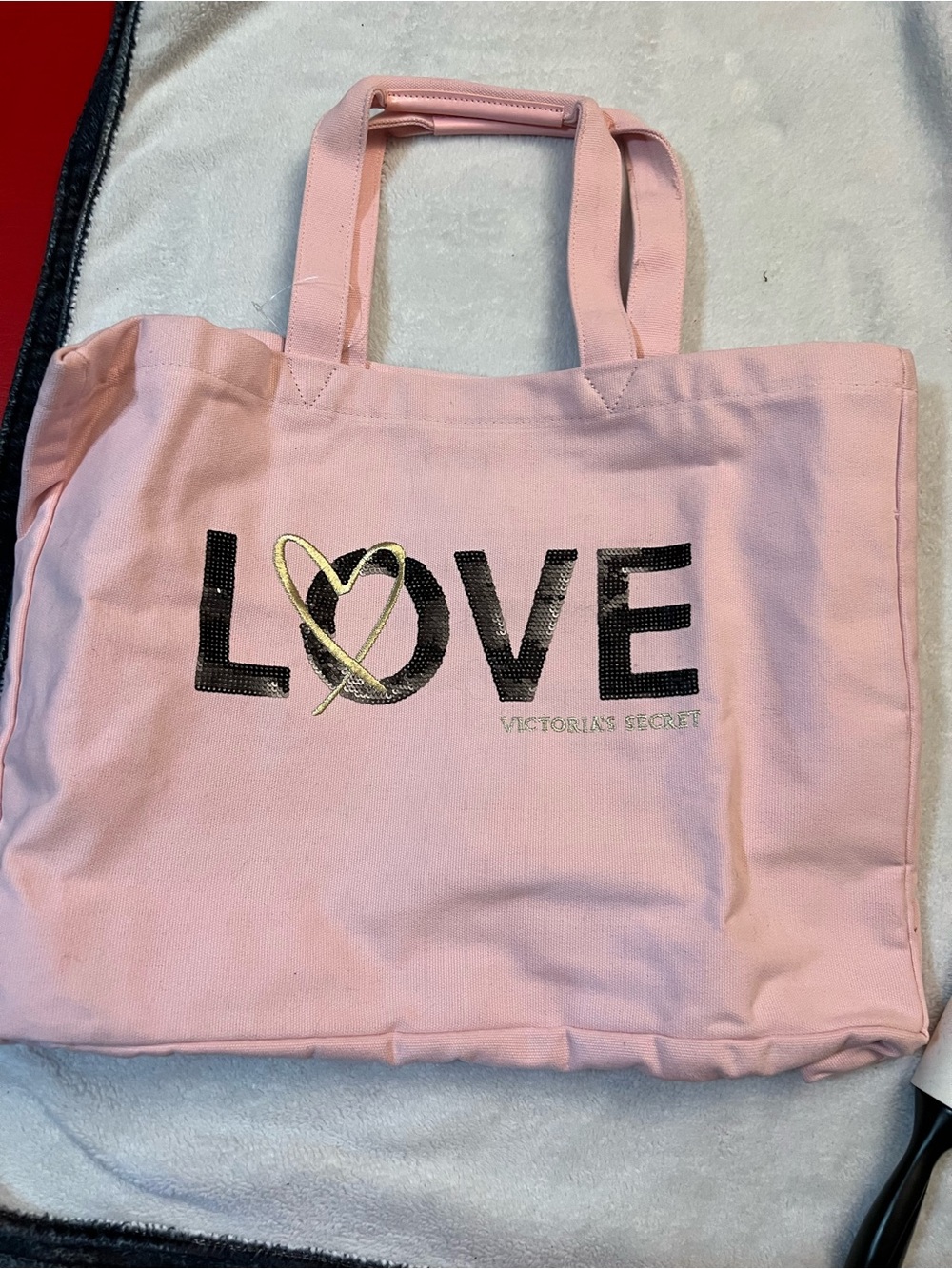 Victoria's Secret Pink Canvas LOVE Tote with Gold Heart Accent